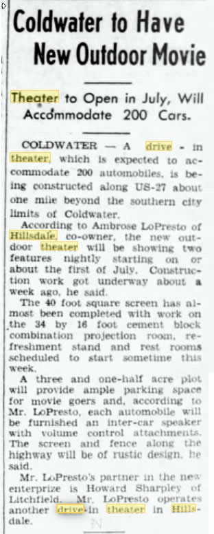 Coldwater Drive-In Theatre - Opening Announcement June 14 1949